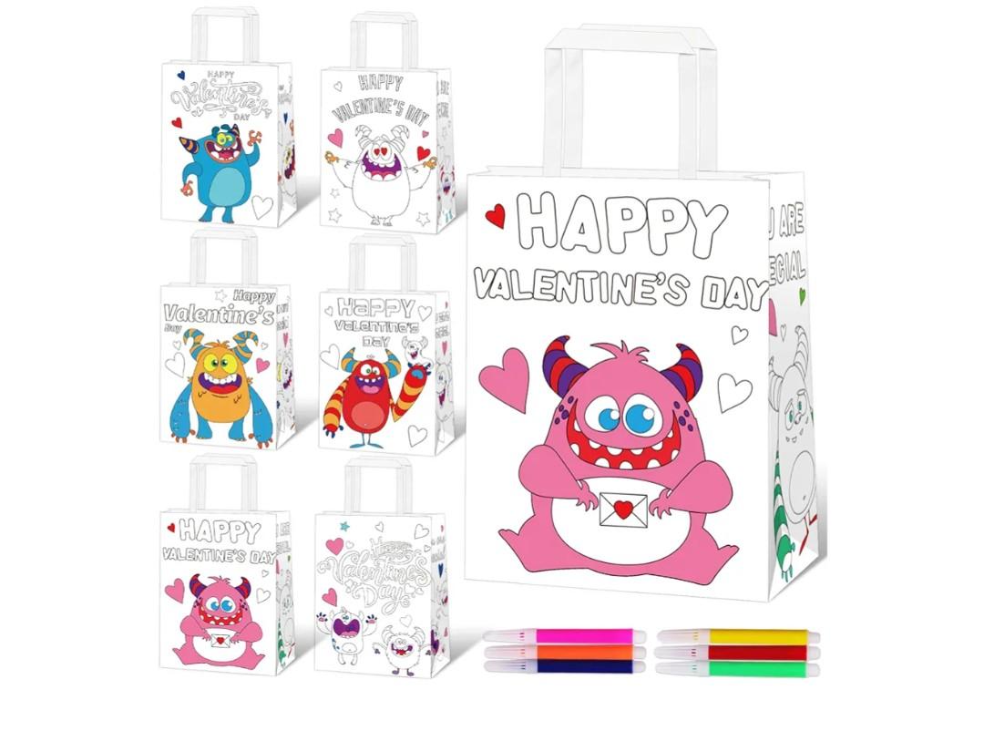 Dispowreath 30 Pcs Valentine's Day Paper Coloring Bags with Handle Color You Own Valentine Cartoon DIY Candy Bag with 30 Pcs Watercolor Pens Craft Goody Bag for Kids Party Favor Gift (Stylish Style)