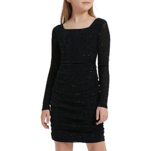 EXARUS Girls School Dance Formal Dress Tween Prom Party Teen Special Occasion Graduation Short Fitted Bodycon Dresses (10 Years, Long Sleeve Black Shimmer)