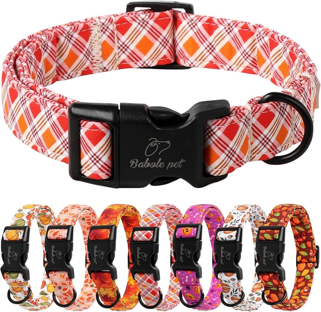 Babole Pet Fall Dog Collar, Fall Orange and Red Plaid Puppy Collar, Adjustable Cotton Holiday Tanksgiving Dog Collars for Small Medium Large Boy&Girl Dogs S