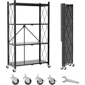 4 Tier Foldable Metal Storage Shelves on Wheels No Assembly