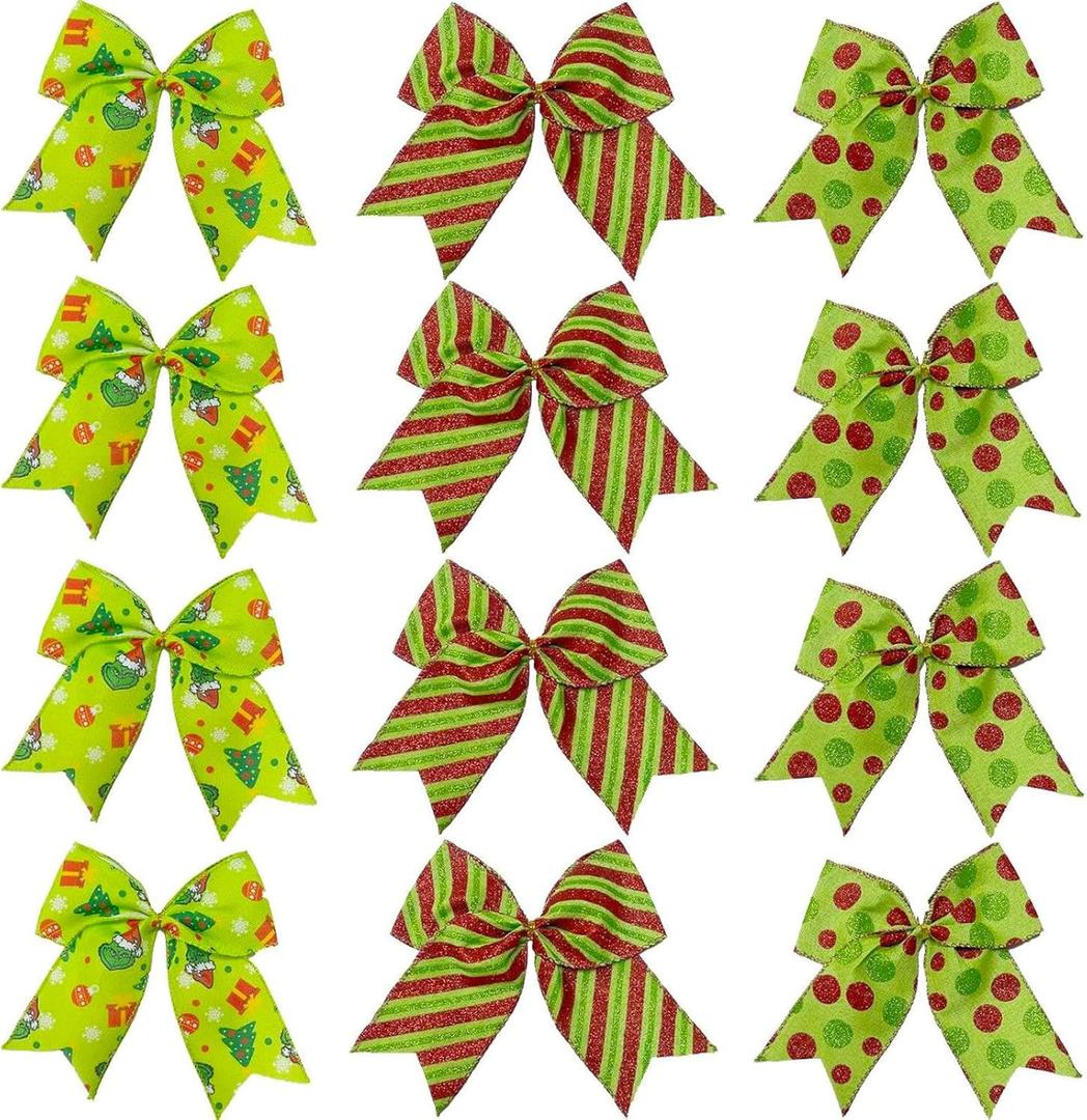 12 Pcs Grinch Bows Decoration, 6 Inch Large Christmas Bows for Tree Gift Wrapping Wreaths Garland, Glitter Decor Holiday Party Crafts Xmas Tree Ribbon Ornaments(Grinch Style)