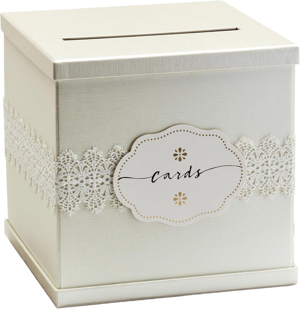Ivory Wedding Card Box, Large 10x10 White Gift Card Holder, Envelope Box for Graduation, Reception, Money, Communion, Bridal & Baby Shower, Anniversary, Funeral, Baptism, Birthday Party, Sweet 16