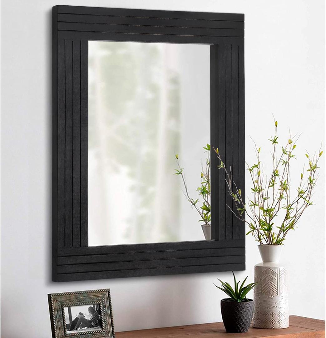 Black Vintage Rustic Wood Framed Wall Mirror Farmhouse Rectanglular Antique Decor Hanging Mirror for Bathroom Bedroom Living Room Entryway Large 20"x16"