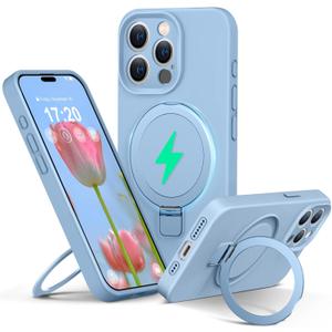 Liquid Silicone Case for iPhone 15 pro with Magnetic Ring Stand, Upgraded Camera Lens Protection, Mil-Grade Drop Shockproof, Anti-Scratch Microfiber Lining Silicone Case (Azure Blue)