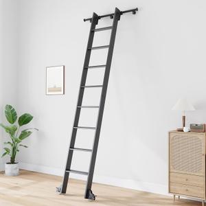 Fredbeck 9FT Rolling Library Aluminium Step Ladder 108" with 4FT Sliding Hardware Track Kit Bottom Wheel Included,for Kitchen,Loft,Warehouses,Bookstore,Atti,Dressing Room,Metal Black