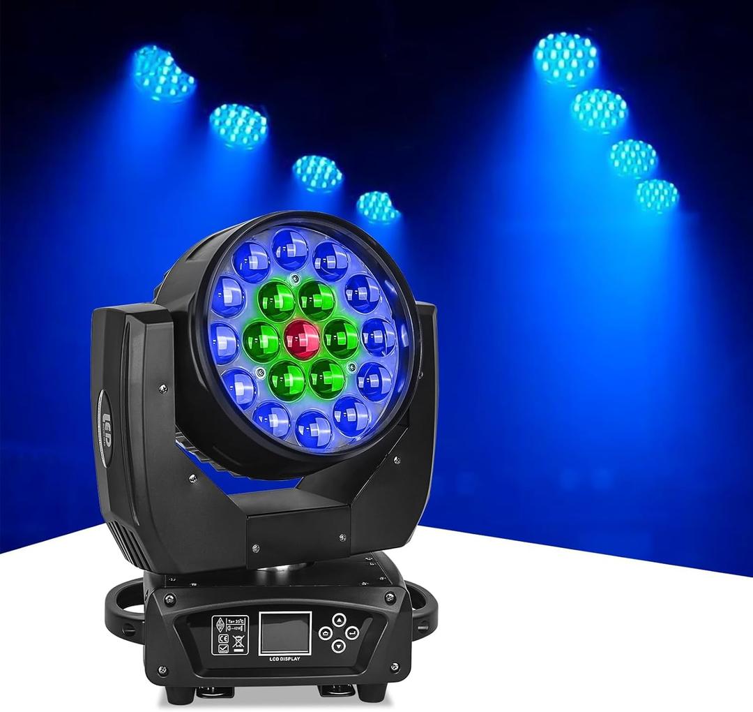 Moka SFX Moving Head Light 19x15W Beam Wash Zoom Stage Lights RGBW 4 in1 LED DJ Lights by Sound Activated Auto DMX Control for Stage Effect Dj Disco Nightclub and Party
