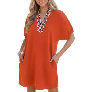 Wenrine Women Summer Shirt Dress Short Batwing Sleeve V Neck Leopard Loose Beach Cover Up Shift Tunic Short Mini Dresses