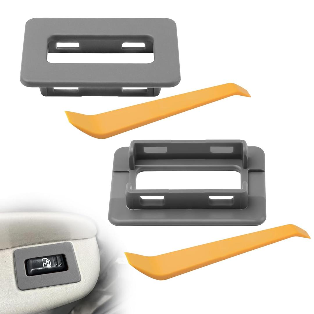 2 Pcs Gray Rear Power Window Switch Trim Repair Fix, Compatible with Escalade, Avalanche, Silverado, Tahoe, Suburban, Sierra, Yukon 2000-2002, Driver Passenger Side Window Repair Button Cap Cover