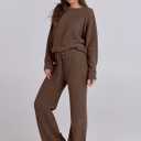 ANRABESS Women's Fuzzy Fleece Pajama Sets 2 Piece Outfits Long Sleeve Top Wide Leg Pants Lounge Matching Set 2025 Fall Winter (Brown, L)