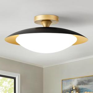 Dimmable Modern Mid-Century Ceiling Light, Black and Gold LED Semi Flush Mount Ceiling Light, 5CCT 2700K-6000K Lighting Fixture Ceiling Lamp with Glass Shade for Bedroom Kitchen Living Room, 15.7in
