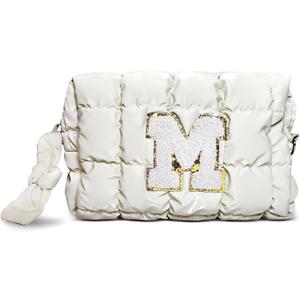 FluffyFairy White Makeup Bag with Initial,Quilted Makeup Bag,Puffy Soft Checkered Makeup Travel Bag, Waterproof Travel Toiletry Bag for Women,Ideal Bridesmaid Gift, Gift for Women