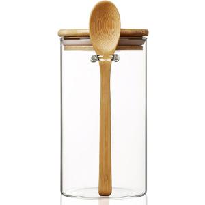 34 oz/1000 ml Glass Storage Canister with with Airtight Lid, Cute Clear Decorative Container Jar with Wooden Spoon for Coffee Spice Candy Salt Cookie Condiment Sugar Matcha Tea Overnight Oats