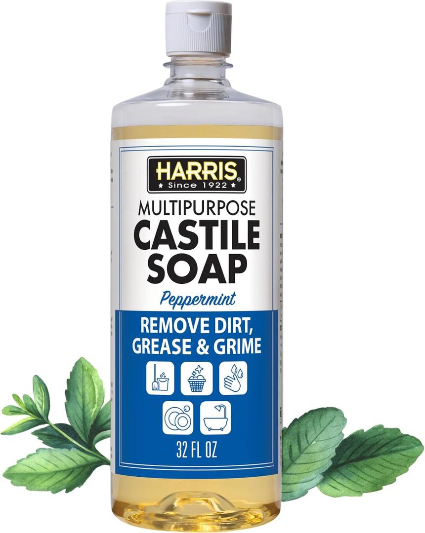 2 x HARRIS Multi-Purpose Pure Castile Soap, Made with Olive, Coconut, and Pine Tree Oil, Uses for Face, Body, Hand, Hair, Home, Dishes, and Laundry, Peppermint, 32 Fl Oz