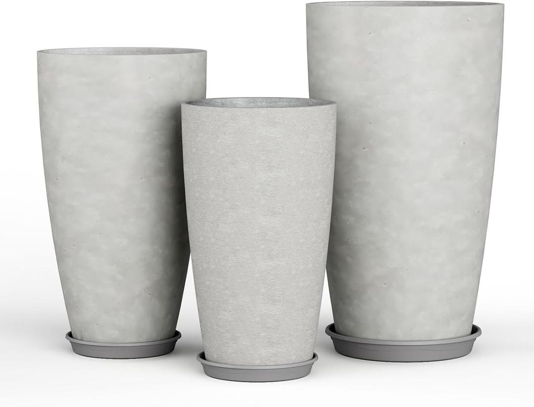 QCQHDU 24, 21, 18 inch Tall Planters for Outdoor Plants, with Drainage Hole & Saucer, Set of 3 Tall Outdoor Planter for Indoor & Outdoor Plants, Modern Home Decor