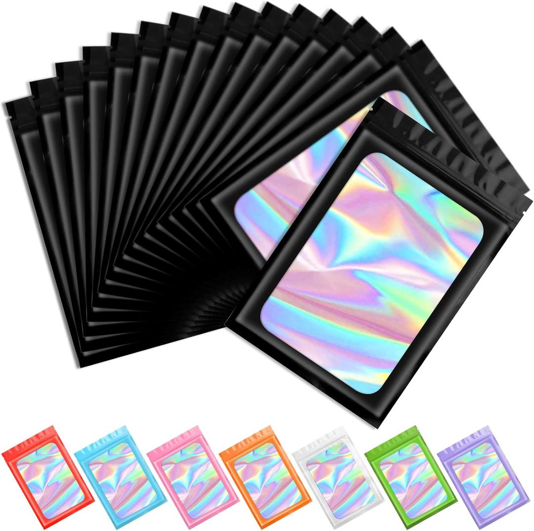 Funfery 100 pcs Black Mylar Holographic Resealable Bags,Clear Packaging Bag Odor Proof Foil Pouch Bag for Food Storage, Lipgloss, Jewelry, Eyelash Packaging for Small Business - 3x4.7 Inch | Zipper Lock, Smell Proof, Holographic