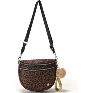 Pander Crossbody Bum Bag for Women, Everyday Nylon Shoulder Bag with Pompom Keychain Wristlet Bag Charm, Adjustable Strap (Medium, Printed - Midnight Leopard)