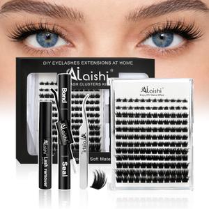 Lash Clusters Kit, DIY 3D Cluster Eyelash Extensions 10‑18mm,144pcs Fluffy D Curl Soft Natural Lashes with Lash Bond and Seal,Tweezers, Remover–Natural Fake Cat Eye Wispy Individual Clusters（151-2-L）