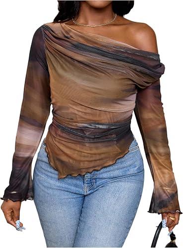 SOLY HUX Women's Plus Size Tie Dye T Shirt Off The Shoulder Long Sleeve Ruched Tee Asymmetrical Hem Going Out Tops 3XL