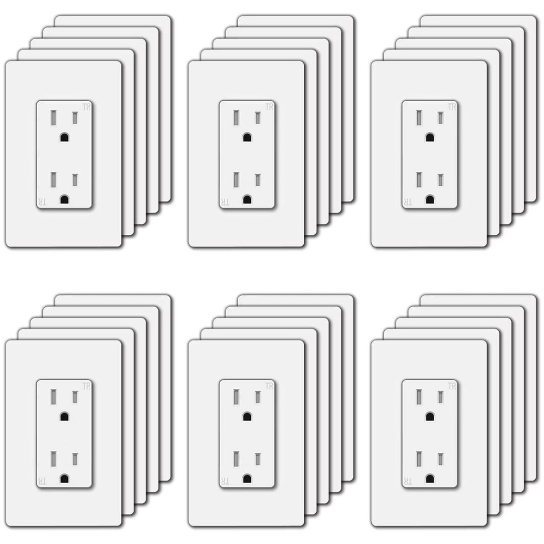 BESTTEN 30 Pack 15 Amp Decorator Wall Outlet, 15A Standard Electrical TR (Tamper Resistant) Receptacle, Screwless Wall Plate Included, Commercial and Residential Use, UL Listed, White