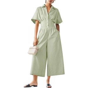 Women's Dressy Casual Loose Jumpsuits One Piece Striped Short Sleeve Button Down Shirt Wide Leg Rompers Summer Outfit Large