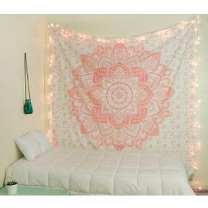 raajsee Glittering Rose Gold Pink Tapestry Wall Hanging Mandala-Bohemian Room Decor-Indian Cotton Throw Hippie Tapestries -Boho Bedding White Golden Queen Bedspread 82x92 inches