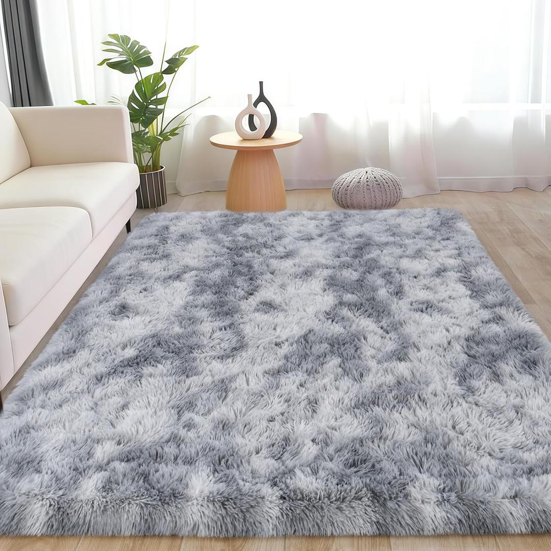 Rug for Living Room Bedroom, 5x7 Area Rugs for Living Room, Ultra Soft Modern Shaggy Carpets Fuzzy Rug for Boys Girls Dorm Nursery Home Decor Aesthetic, Upgrade Non-Slip Durable, Tie-Dye Silver Grey