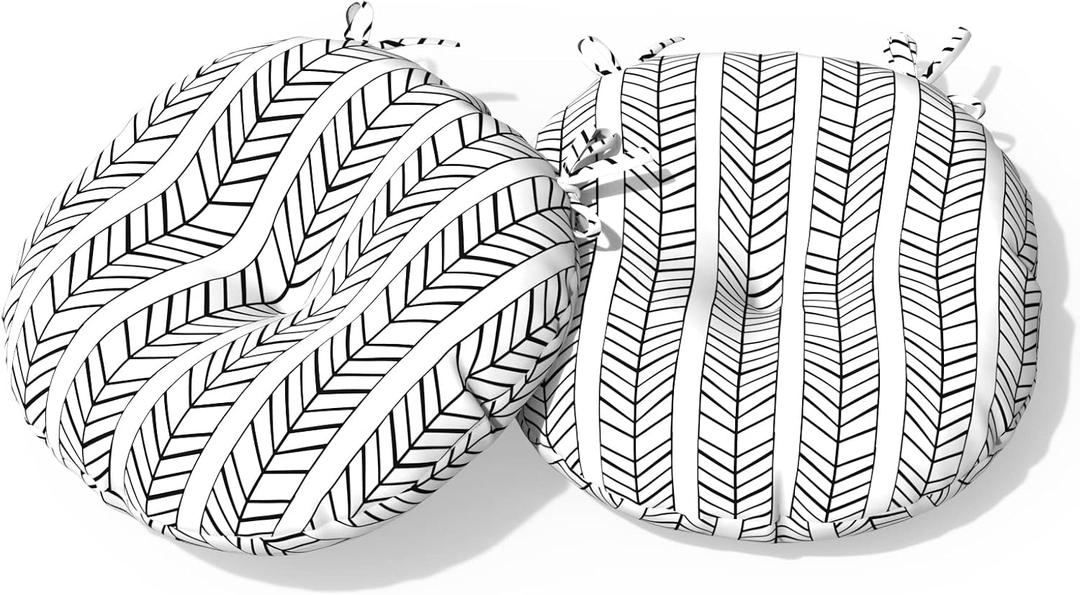 Outdoor Bistro Chair Cushion with Ties, Tufted Patio Chair Cushions Set of 2, Round Seat Cushion 15”x15”x4” for Home Garden Balcony Office Porch Lawn Deck, Herringbone Black White Outdoor Bistro Chair Cushion with Ties, Tufted Patio Chair Cushions Set of 2, Round Seat Cushion 15”x15”x4” for Home Garden Balcony Office Porch Lawn Deck, Herringbone Black White