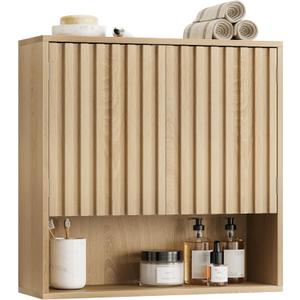 Smart FENDEE Bathroom Wall Storage Cabinet with Fluted Doors, Medicine Cabinet with Adjustable Shelf, Over The Toilet Storage Cabinet for Laundry Room & Kitchen & Living Room, Natural Oak