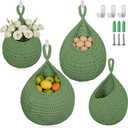 3 Pack Boho Hanging Fruit Baskets,Woven Cotton Teardrop Wall Baskets,Green | Hanging Baskets for Kitchen Organizing,Produce Holder with Metal Hooks,Wall Fruit Vegetable Potato Onion Storage,3 Sizes
