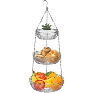 CAXXA 3-Tier Hanging Basket Fruit Organizer Kitchen Heavy Duty Wire Organizer with 2 Free Bonus Metal Ceiling Hooks, Chrome