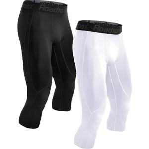 Roadbox 2 Pack Men's 3/4 Compression Pants, Athletic Basketball Workout Tights Leggings, Sport Running Spandex Base Layer