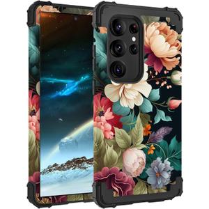 PIXIU Unique Flower Pattern Compatible with Samsung Galaxy S25 Ultra case,Heavy Duty Dual Layer Shockproof Full-Body Protective Sturdy Hybrid Cute Rugged Case for Women,Girls,Kids-Black Floral