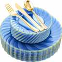 YOUBET 125PCS Clear Blue Gold Plastic Plates - Blue Disposable Plates With Gold Rim Include 25 Dinner Plates 25 Dessert Plates 75 Golden Silverwares for Wedding Birthday & Parties