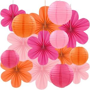 15 Pcs Pink Birthday Decoration Set, Hanging Orange and Hot Pink Paper Lanterns Paper Flowers Fans for Girls Women Baby Shower Wedding Fall Wall Fall Decor