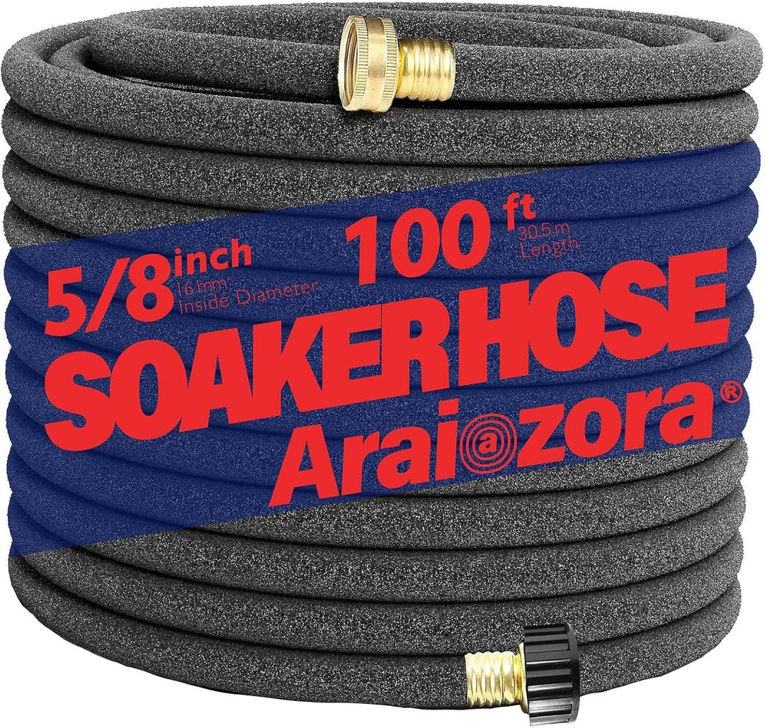 Soaker Hose 100FT, 5/8 Heavy Duty Ruber Round Soaker Hoses with Solid Brass Connector for Flower Bed&Yard,Landscaping