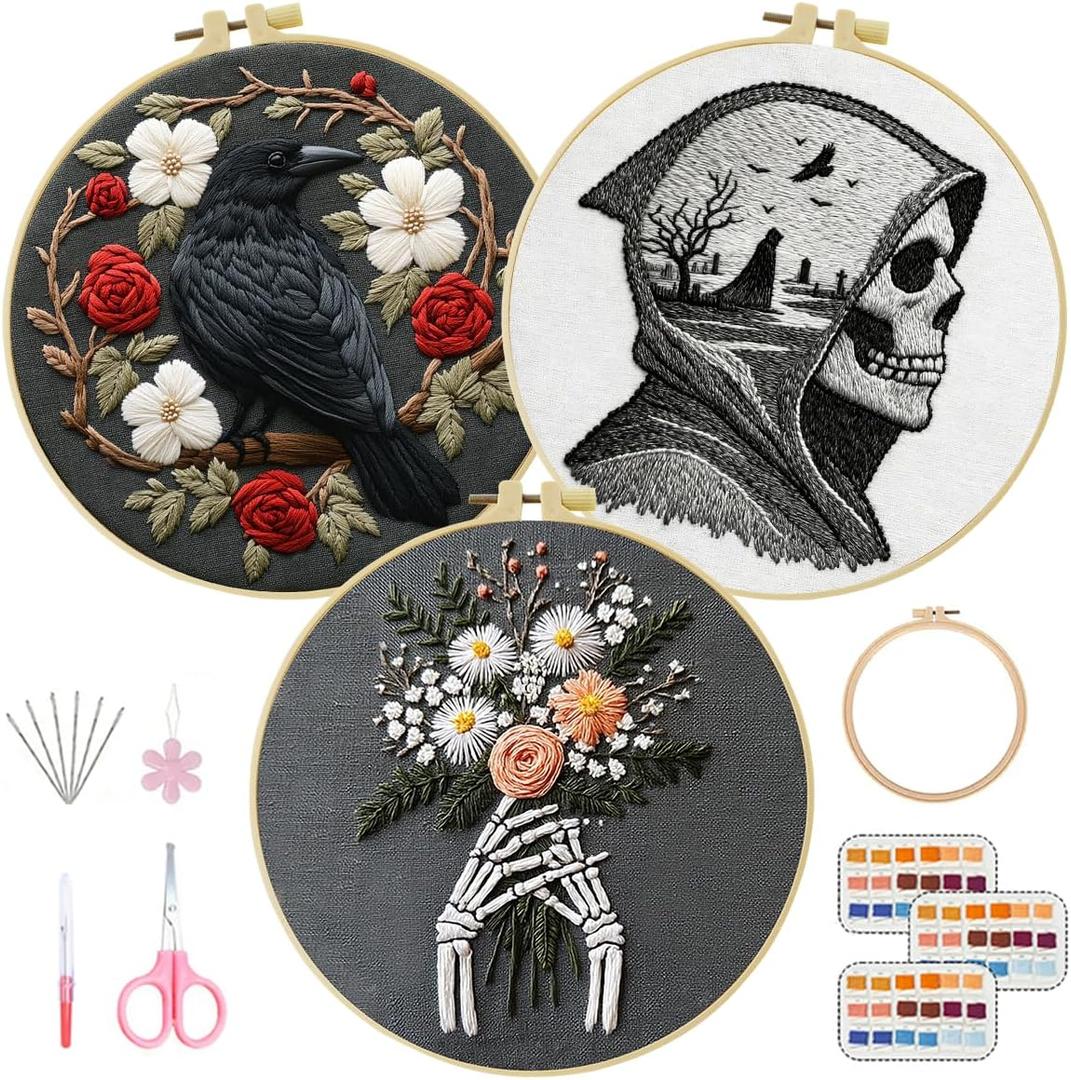 ZuoAnLF 3 Set Embroidery Starter Kit Printed Cross Stitch Kit with Crows, Flowers for Adults, Home Decor and Gifts