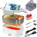 Electric Lunch Box, Food Warmer Heater 12V 24V 110V, 80W Faster Heated Lunch Box for Car/Truck/Home Portable Heating Boxes with 1.5L 304 SS Container Fork & Spoon, White+Gray