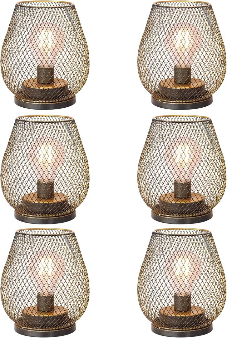 DECORKEY Set of 6 Battery Operated Lamp LED Table Lantern, Golden Metal Cage Cordless Lamps with LED Bulb, Vintage Decorative Outdoor Lantern for Weddings, Party, Patio, Events for Indoors Shelf Decor