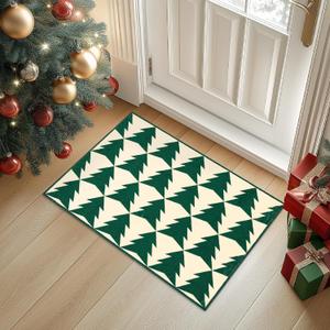 jinchan Christmas Rug 2x3 Entryway Rug Xmas Tree Doormat Washable Non Slip Holiday Decorative Floor Carpet Soft Rug Thin Accent Rug for Kitchen Bathroom Bedroom Living Room (Green on Cream, 2x3ft)