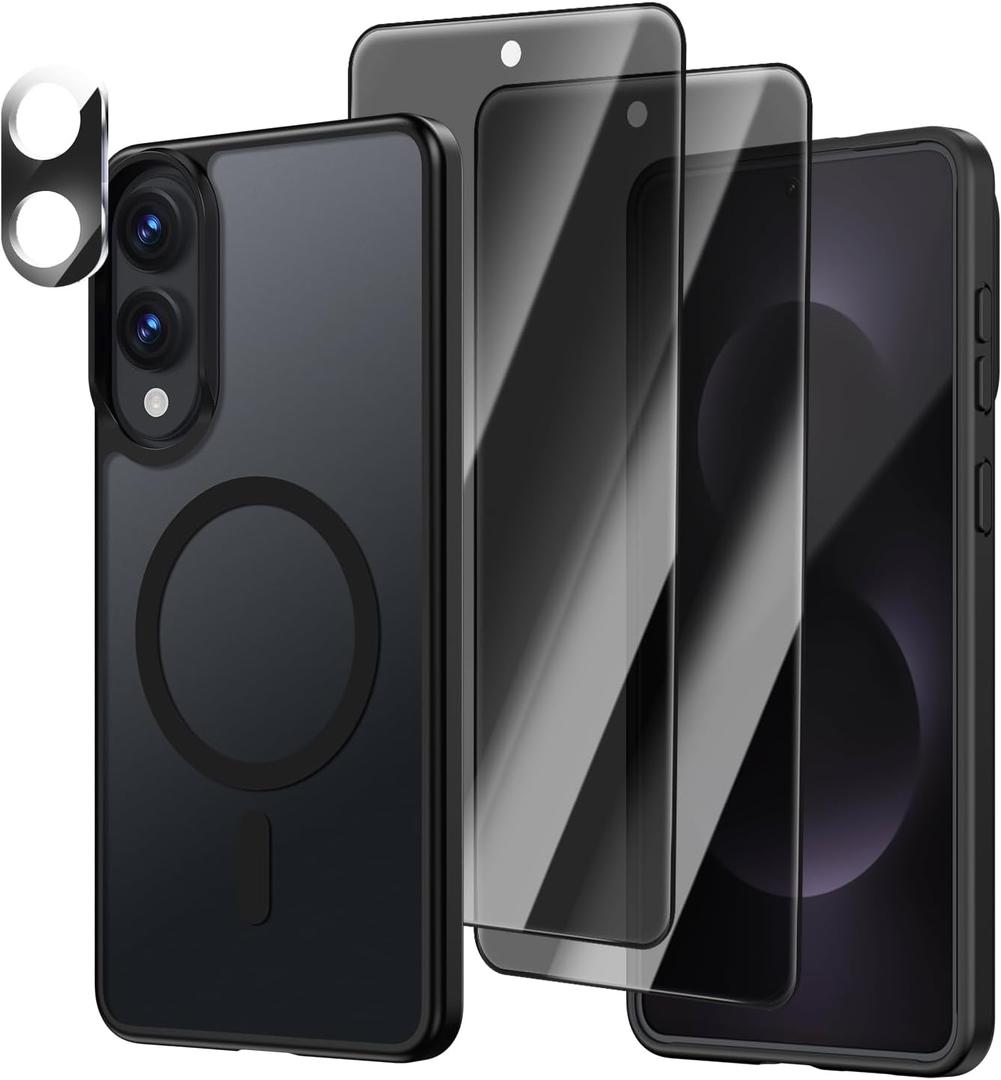 [4 in 1] Magnetic for Galaxy S25 Edge Case, 2 Pics Privacy Screen Protectors and 1 Pic Camera Protector, Fit for MagSafe, Military Grade Shockproof Translucent Matte Galaxy S25Edge Cover, Black