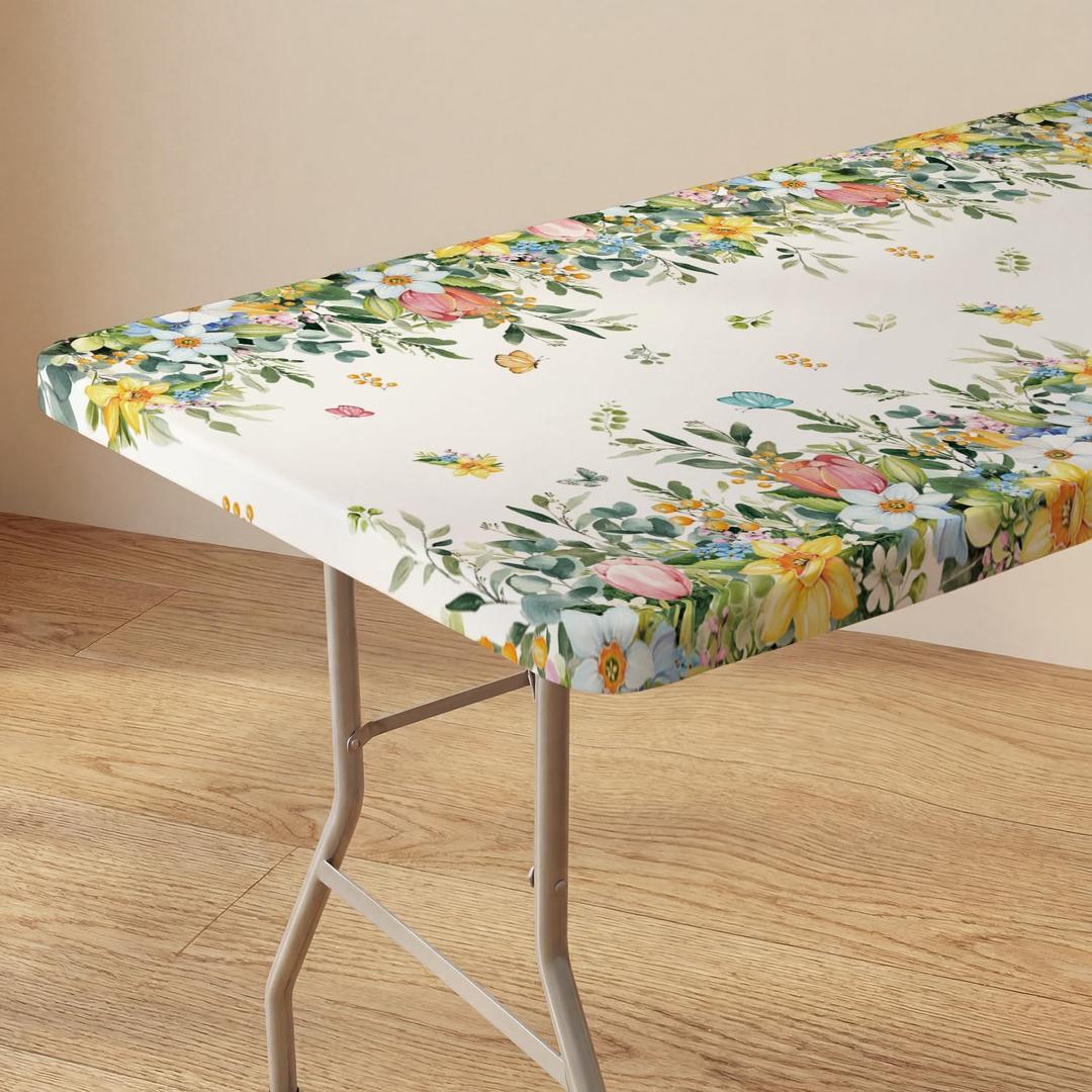 Horaldaily Spring Fitted Tablecloth 72 x 30 Inch Rectangular, Spring Colorful Hydrangea Tulip Flower Butterfly Washable Table Cover Elastic Edged for Dinning, Picnic, Camping, Banquet