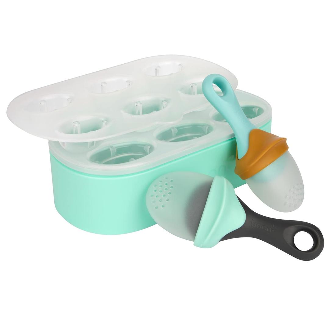 Boon PULP Silicone Feeder Freezer Tray  Includes Silicone Tray and Lid with 2 PULP Silicone Baby Food Feeders  Baby Food Storage (Mint)