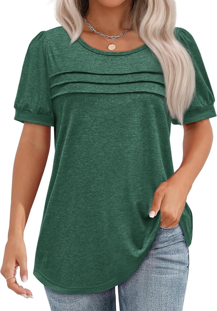 Womens Summer Short Sleeve Tops Pleated Shirts Crewneck Outfit Puff Sleeve Blouses Casual Tunic Blue Flower (Pink)