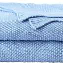 PiccoCasa 100% Cotton Knit Throw Blanket,Solid Lightweight Decorative Throws and Blankets,Soft Knitted Throw Blanket for Sofa Couch, Pale Blue 50" x 60"