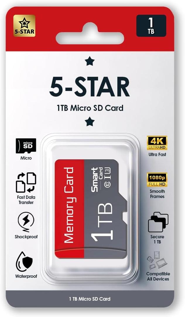 5-Star 1 TB Micro SD High Speed Memory Card for Car Navigation,Smartphone,Portable Gaming Devices,Camera and Drone