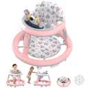 Baby Walker Foldable, Baby Walker with Wheels, Infant Toddler Walker with Foot Pads, Anti-Fall Baby Walkers and Activity Center for Boys Girls Babies 6-24 Months with Music Adjustable Heights (Pink)