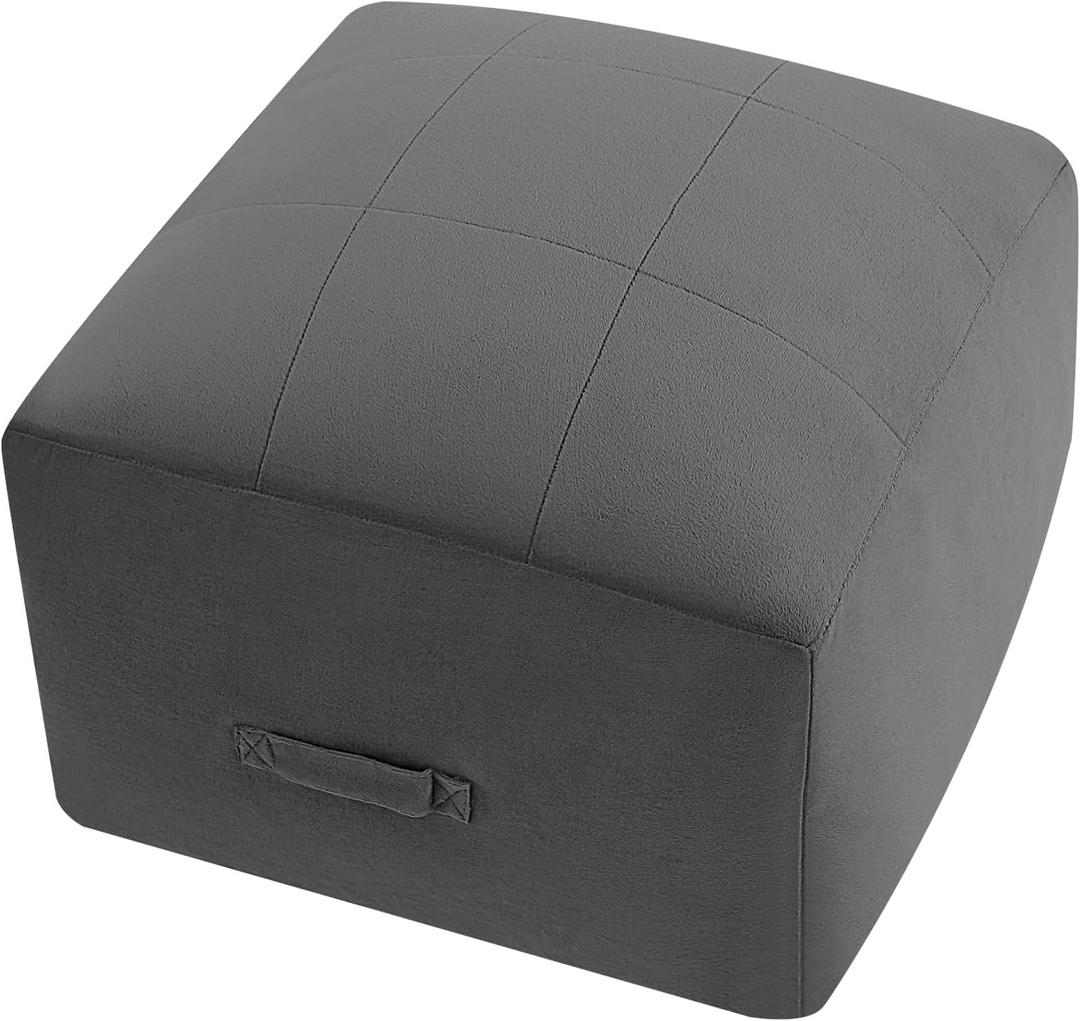 MeMoreCool Square Stuffed Pouf Ottoman Foot Rest, Floor Pouf Foot Stool with Foam Chunk Filling, Soft Stuffed Ottoman Footrest for Living Room (Grid Dark Grey)