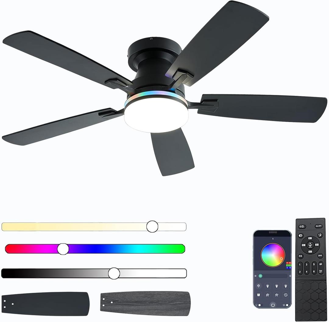 Ayaoty Ceiling Fans with Lights, 48 inch Low Profile Ceiling Fan with Light and Remote Control, Flush Mount RGB Dimmable Light, Noiseless, Black Ceiling Fan for Bedroom Indoor/Outdoor Use