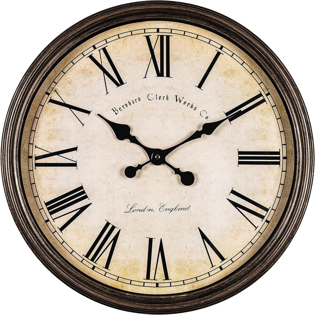 Bernhard Products Large Decorative Wall Clock 20 Inch Silent Non Ticking Battery Operated Quartz Vintage Stylish with Rustic Dark Brown Rim for Home Living/Dining Room Kitchen & Over Fireplace