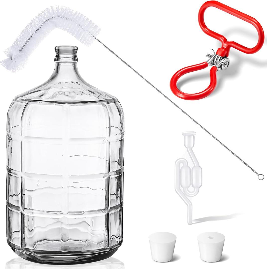 Suzile 3 Gallon Glass Carboy with Drilled and Undrilled Rubber Stoppers Bubble Airlock and Carboy Handle Brush Wine Fermenter Beer Carboy Fermenting Jug Glass for Beer Wine Making Equipment (Clear)